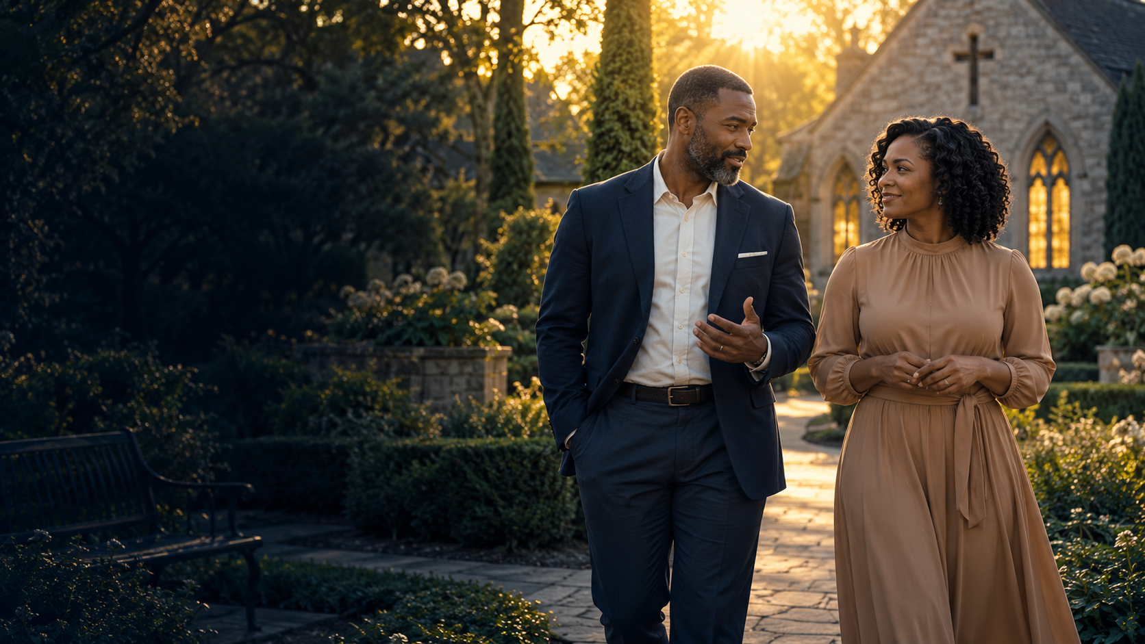 A Christian couple sharing a thoughtful walk in a church garden